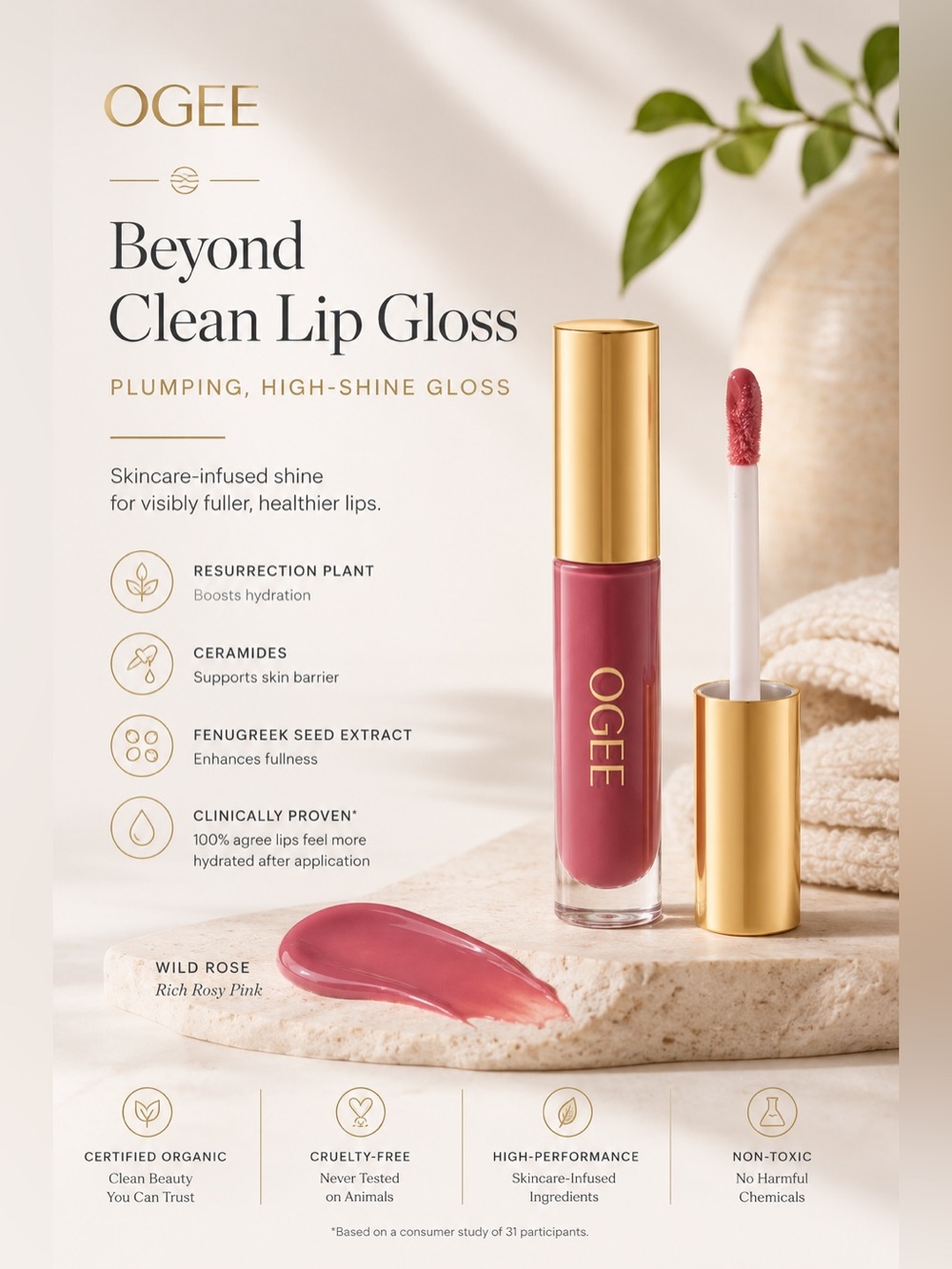 NEW OGEE Beyond Clean Lip Gloss — Wild Rose (Rich Rosy Pink)
